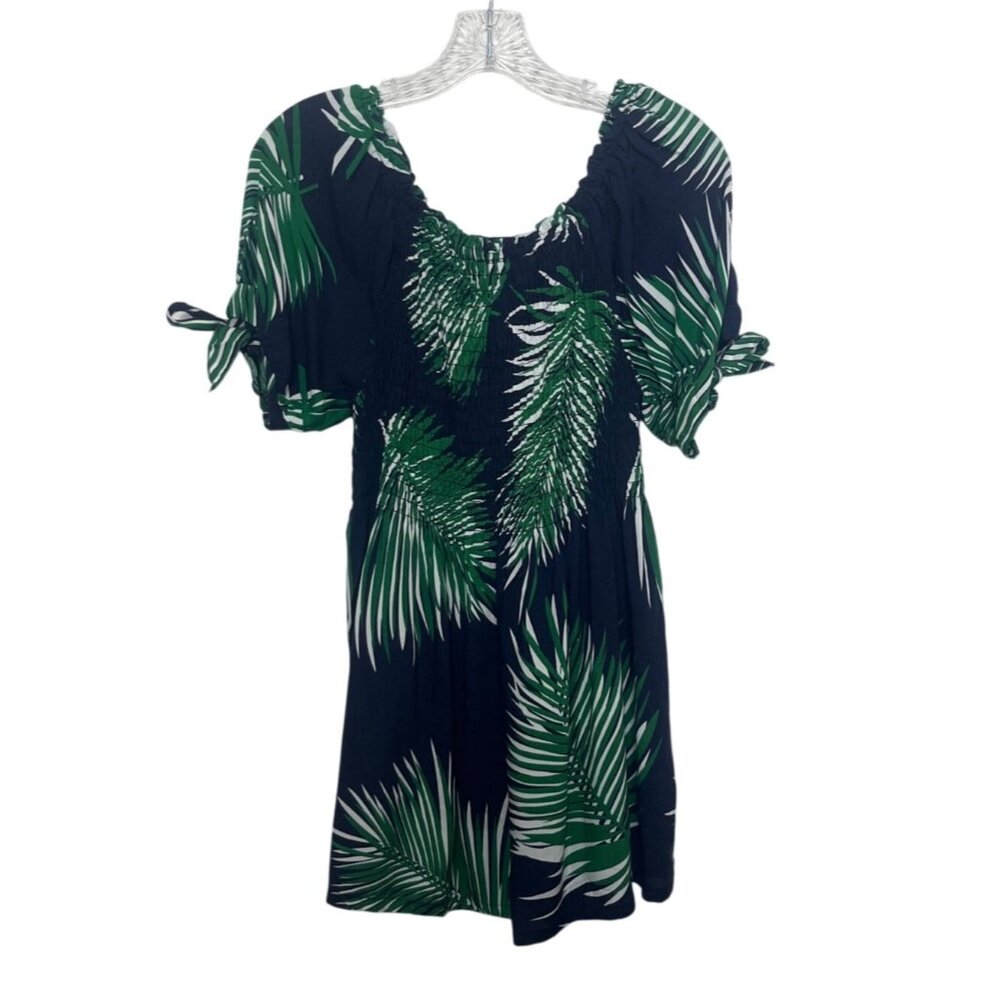 Ace Fashion Palm Print Shirt 1X Green New Short Sleeve Smocked Tropical Vacation